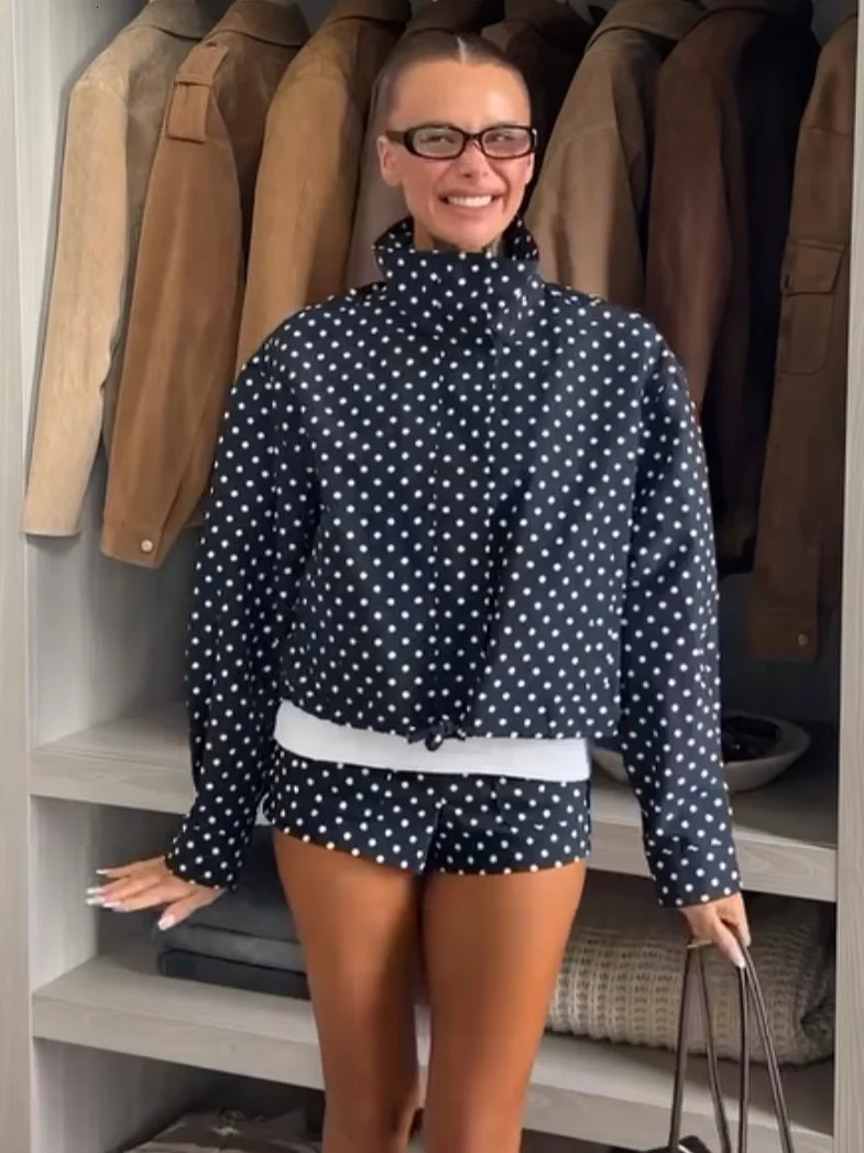 2026 Spring Polka Dot Jacket Shorts Sets For Women Chic Stand Collar Drawstring Coats High Waist 2 Pieces Set Outfits 260423banjia