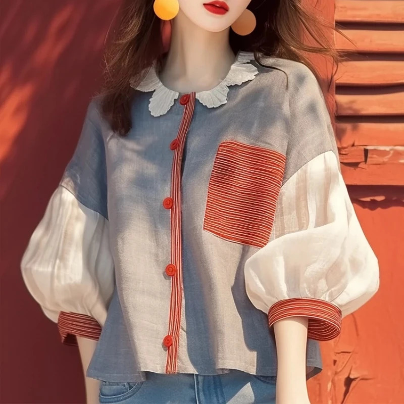 Chiffon Vintage Womens Shirt Summer Patchwork Korean Clothing Sales Loose Short Sleeves Tops ONeck Women Blouses 260423BANJIA