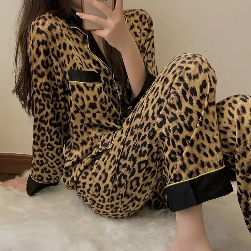 Thailand Spring and Fall Pajamas Set Womens Fashion Leopard Print LongSleeved Sleepwear Loungewear Ladies Upscale Homewear 260423banjia