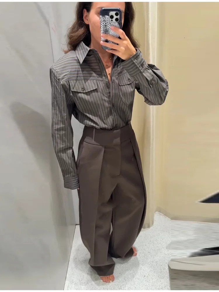 Chic Pants Set For Women Fashion Lapel Single Breasted Striped Shirt High Waist Wide Leg Lady 2025 Autumn Street Outfits 260423banjia