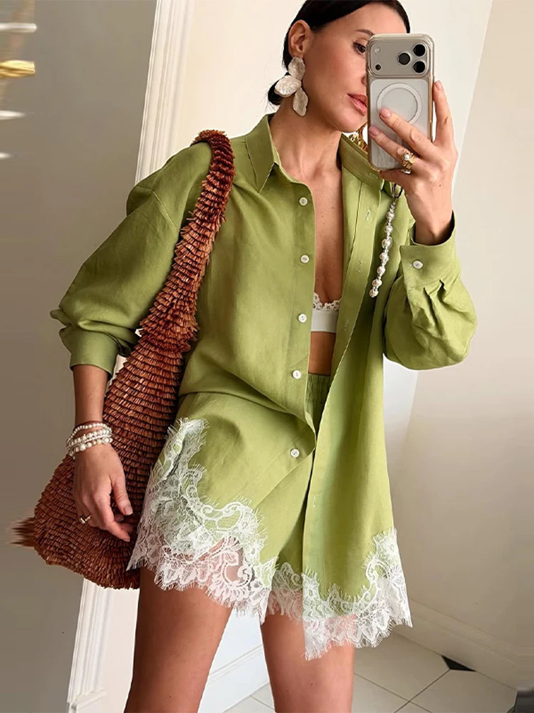 Chic Lace Patchwork Shirt Set Lapel Single Breasted Long Loose Blouse Short Pant With Casual Summer Streetwear Outfit 260423banjia
