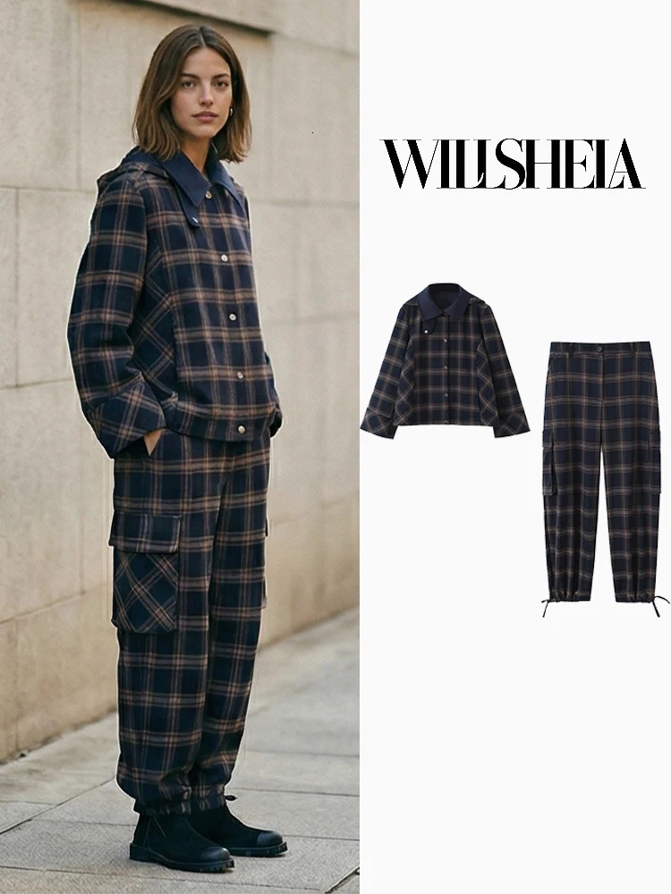 Willshela Women Fashion 2 Piece Set Denim Plaid Single Breasted Jacket Vintage High Waist Trousers Feamle Chic Lady Pants Sets 260423banjia