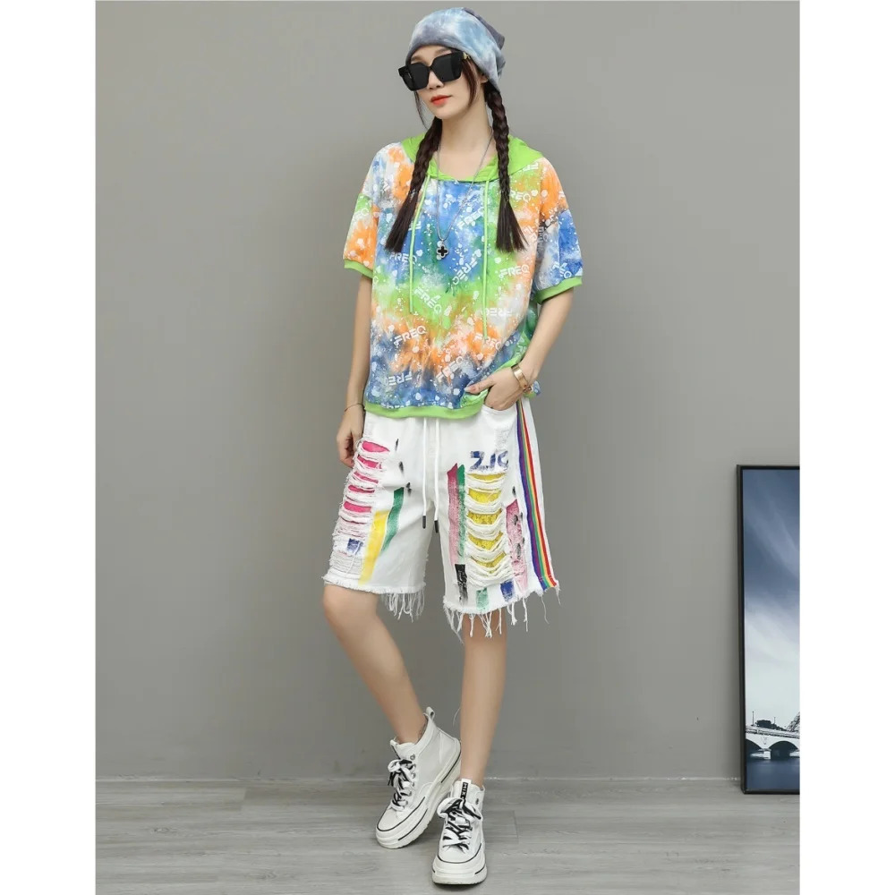 Unique Youthful Fashion Suit Women 2026 Summer Gradient Color Printed Hooded Shortsleeve Tshirt Ripped Graffiti Short XY60 260423banjia
