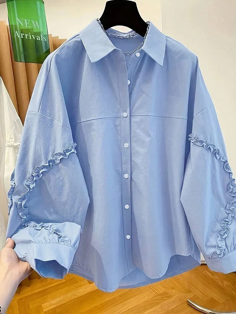 Elegant Blue Lace trim on Sleeve Button Shirt Loose Long Sleeve Blouses Korean Womens Clothes Large Size Top Autumn 260423banjia