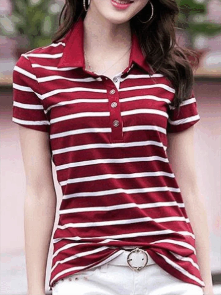 Striped Print Turn Down Collar TshirtRegular Fit Casual Short Sleeve Pullover Tshirt For Spring Fall Womens Clothing 260423banjia
