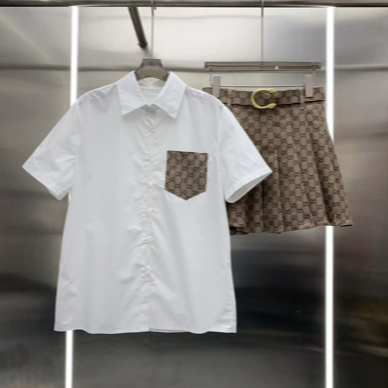High quality summer new women's retro high-quality lapel shirt paired with printed belt and short skirt set