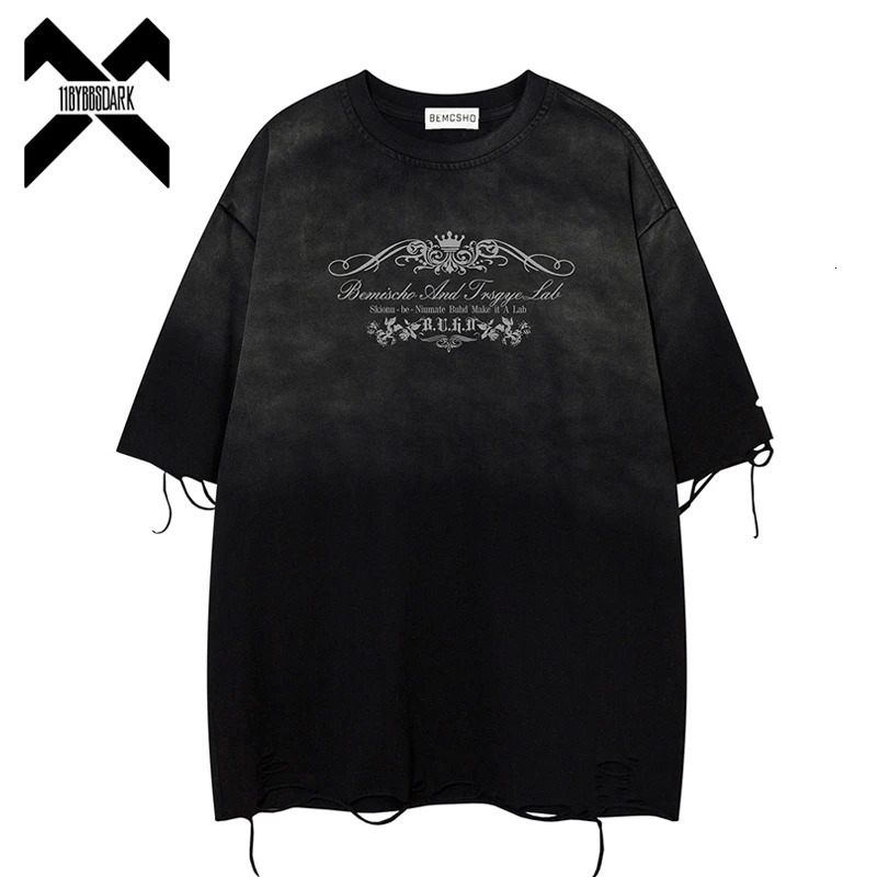 2026 Summer Vintage Gradient Washed Tshirt Distressed Ripped Short Sleeve T-Shirt Unisex Loose Tee Top 100 Cotton 260423BJ