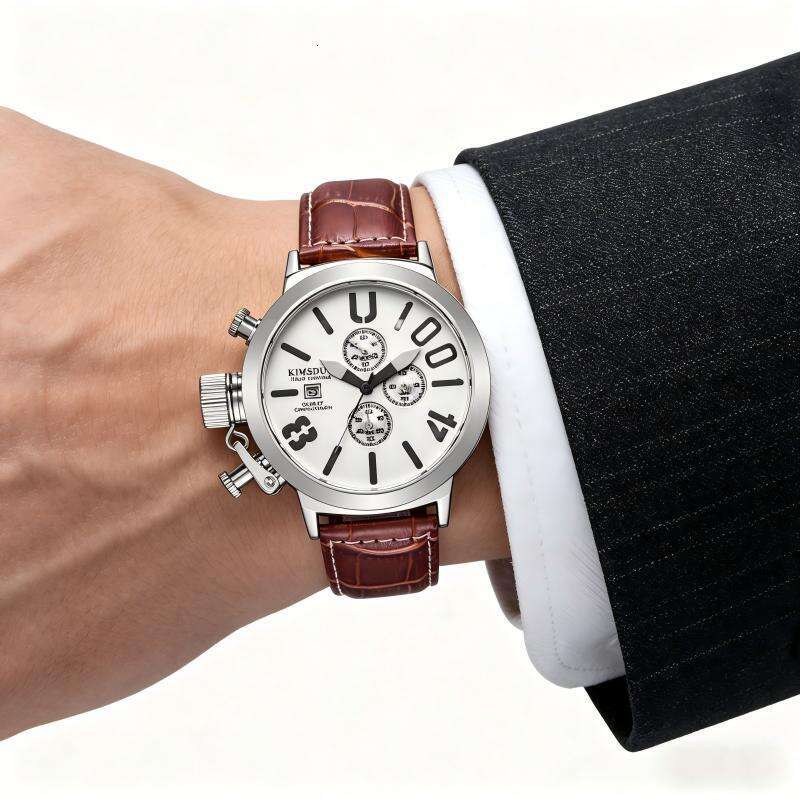 Men's Oversized Chronograph Watch Black Crocodile Leather Band Silver Tone Case Black Dial Retro Fashion Wristwatch for Daily Use