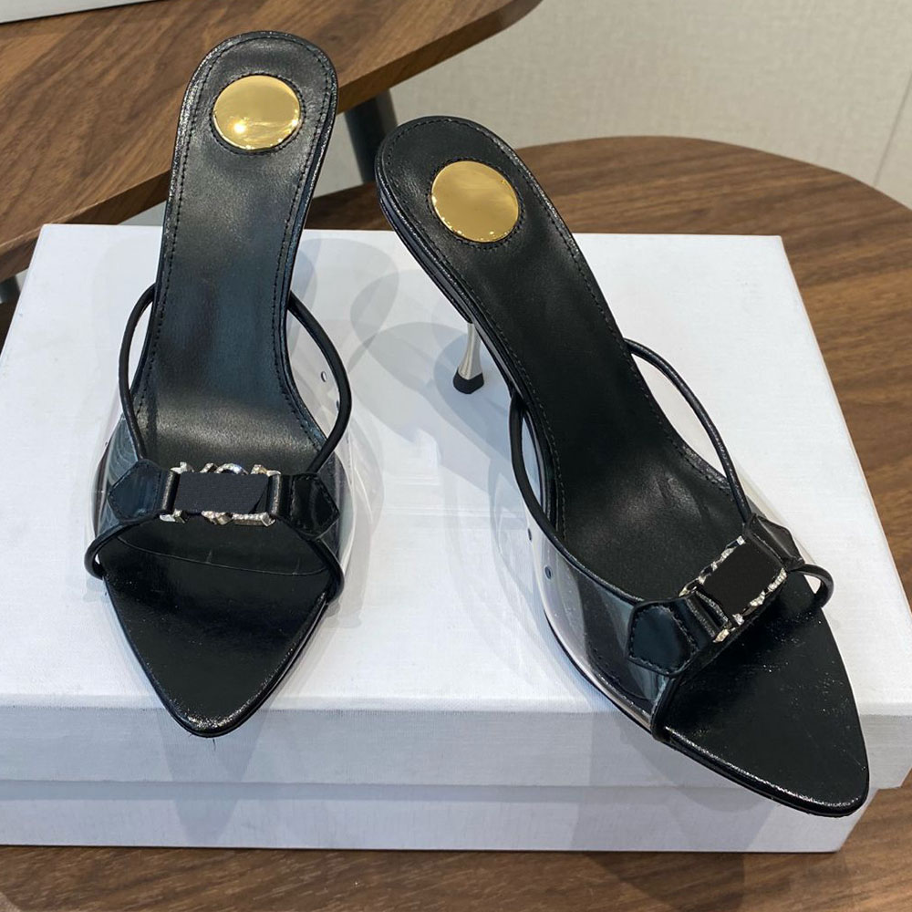 Jerry mules in TPU and rhinestones designer mule Womens Luxury Mule 8696641F metal heel almond peep toe mule sandals with rhinestone summer mule lea
