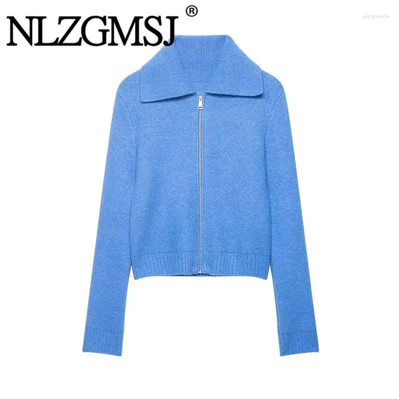 Women's Knits Nlzgmsj 2026 Spring Round Solid Color Knitted Open Cardigan Women Lapel Zipper Leisure Top
