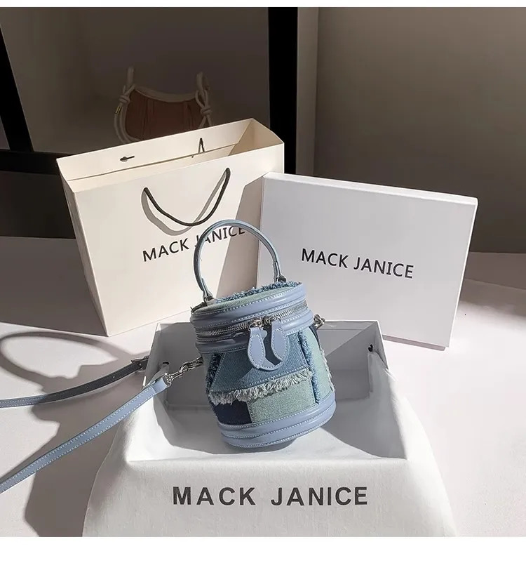 High Quality Blue Denim Fashion Tassel Cylinder Bag Womens Handbag Lady Purse Shoulder Messenger Female Casual 260423banjia