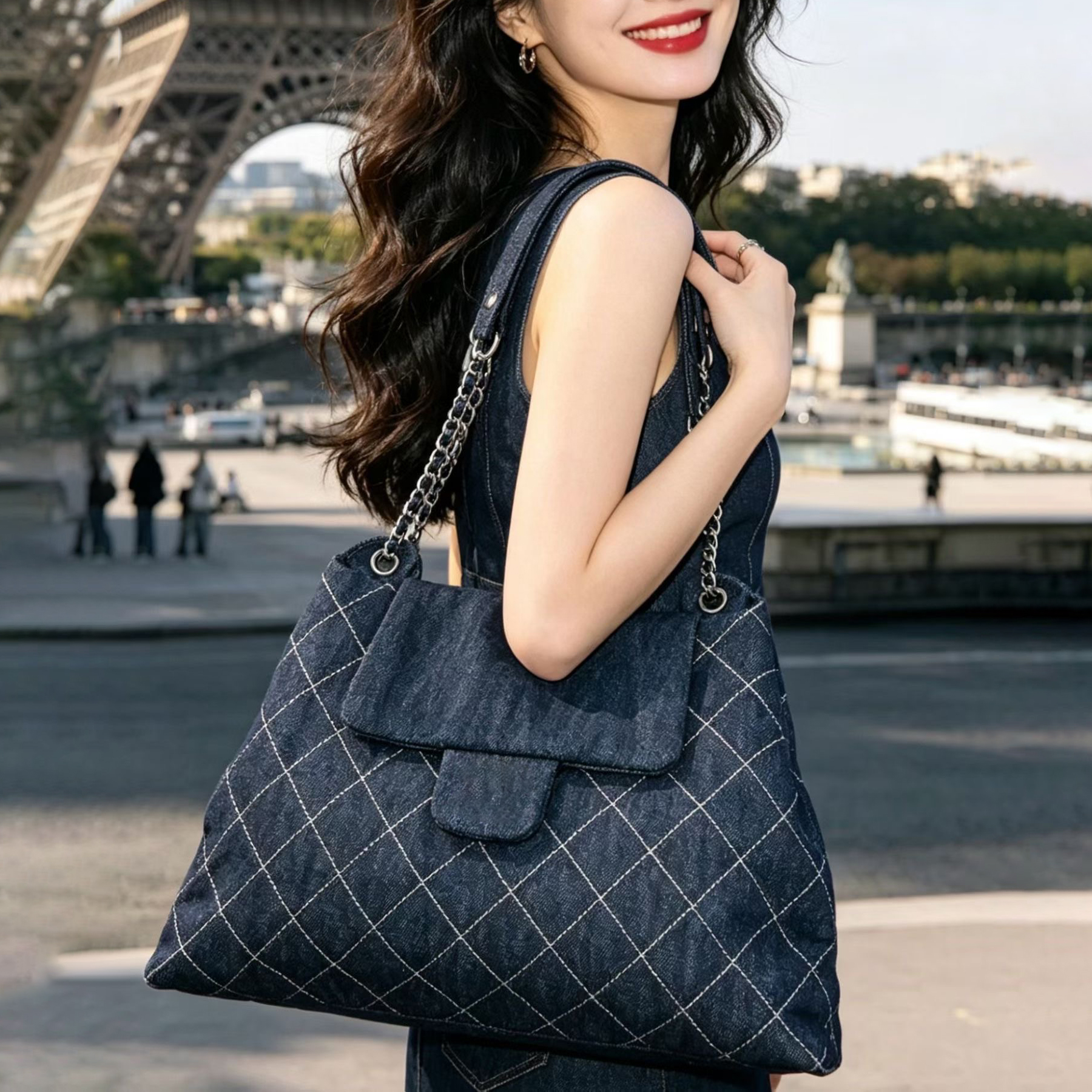 Trendy Vintage Dark Denim Quilted Tote bag Slouchy Hobo bag Designer Denim bag Women Large Capacity Chain Shoulder Crossbody bag for Daily Commute &