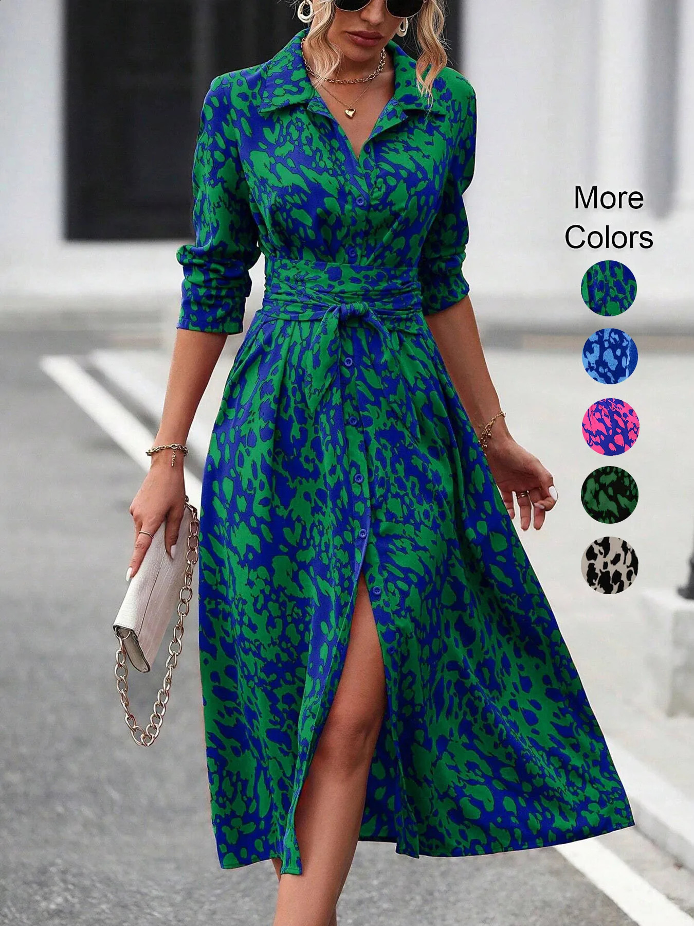 Elegant Random Print Button Down Shirt Dress Womens Long Sleeve Belted Waist Midi Dress Spring Fall Office Casual Dress 260424BJ