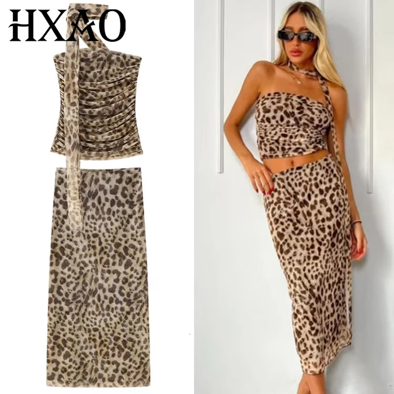 HXAO Leopard Mesh Skirt Set Womens Two Pieces Crop Ruffle Halter Tube Top Vest 2 Piece Woman Midi Tulle Suit 066 260423banjia