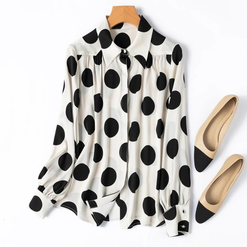 Womens Shirt 93 Mulberry Silk 7 Spandex 19 Momme White Polka Dots Printed V Neck Long Sleeve Top Blouse M1263 260423BANJIA