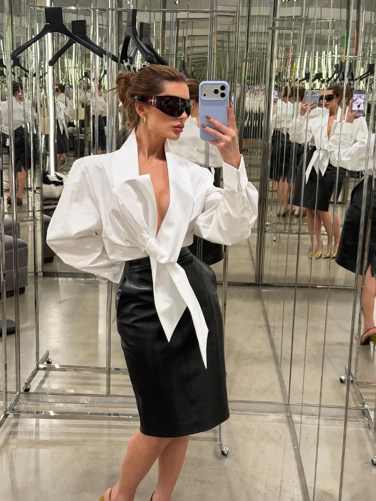 Womens White Tie Front Knot Blouse Elegant Sexy Oversized Collared Shirt with Bow Detail 2026 Womens Office Wear Tops 260423banjia