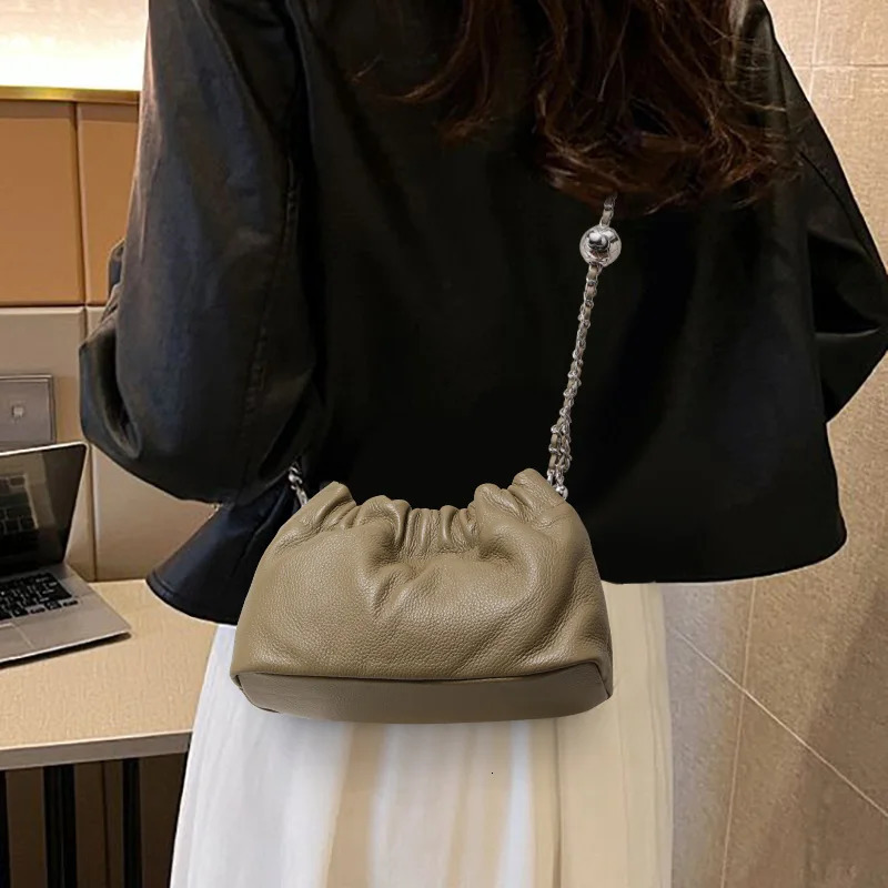 Genuine Cowhide Dumpling OneShoulder CrossBody Womens Bag Soft Leather Drawstring Armpit Cloud Pleated Chain 260423BJ