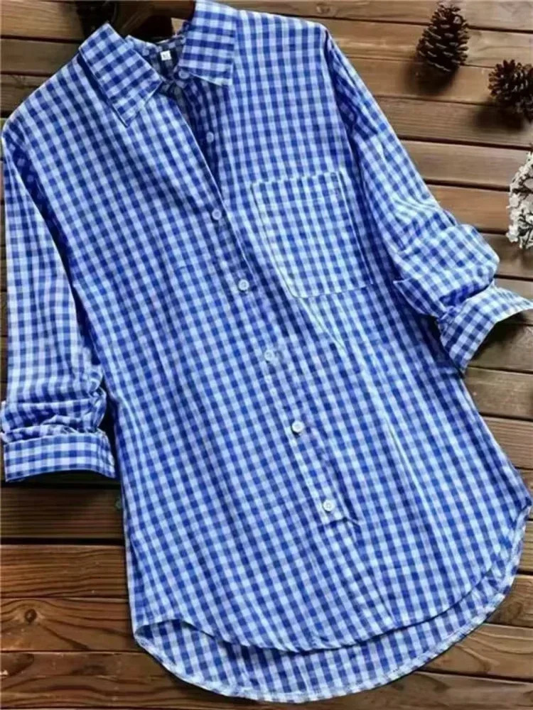 Plus Size Plaid Womens Cotton Linen Long Sleeves Roll Up Striped Casual V Neck Button Down Shirts Blouses Collar Tunic Tops 260423BANJIA