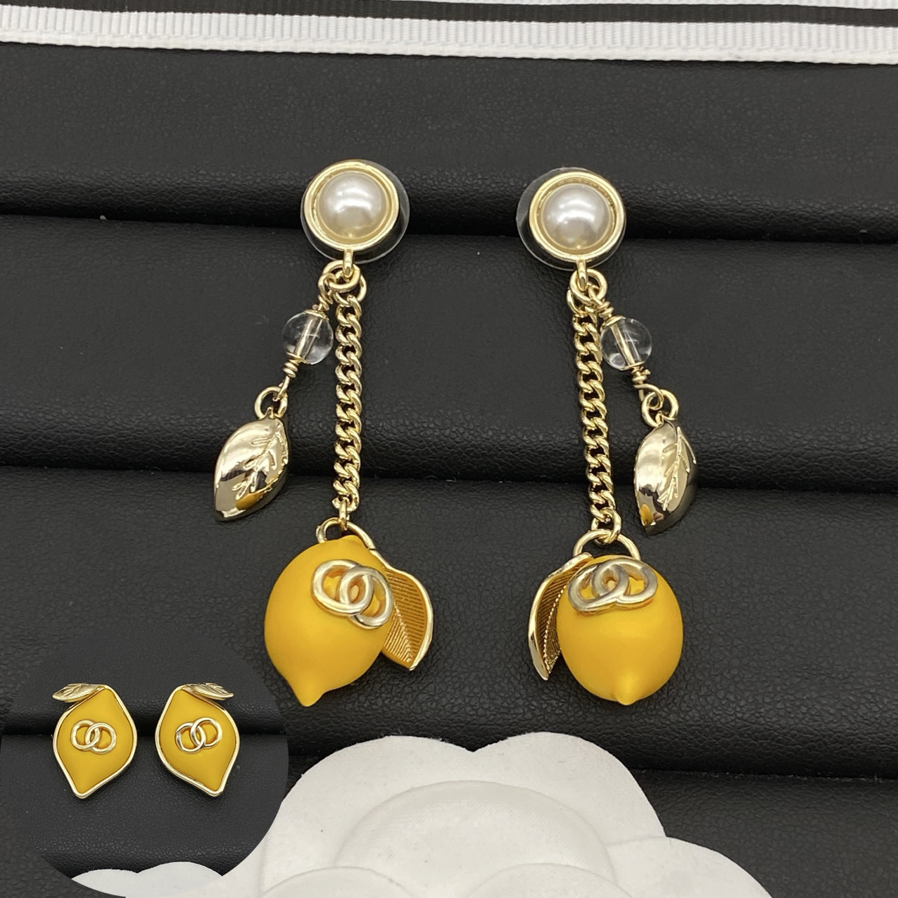 Never Fading Lemon Style Designer Ear Stud Earrings Pearl Real Gold Brass Copper Stamp Letter Earring Fashion Womens Elegance Wedding Party Jewelry