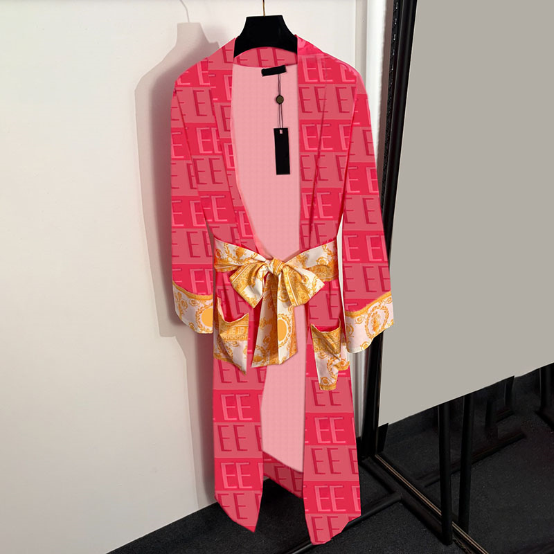 Designer Women Vintage Nightgown Full Letters Belted Long Sleeved Robe Luxury Elegant Contrast Color Nightrobe-image-933671741