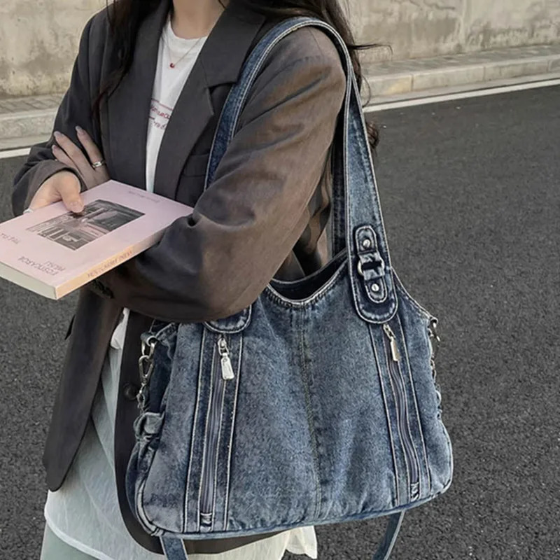 Washed Denim rivet Shoulder Bag for Women Handbag Large Capacity Shopping Bags Big female Crossbody bags Soft Jeans Casual 260423banjia