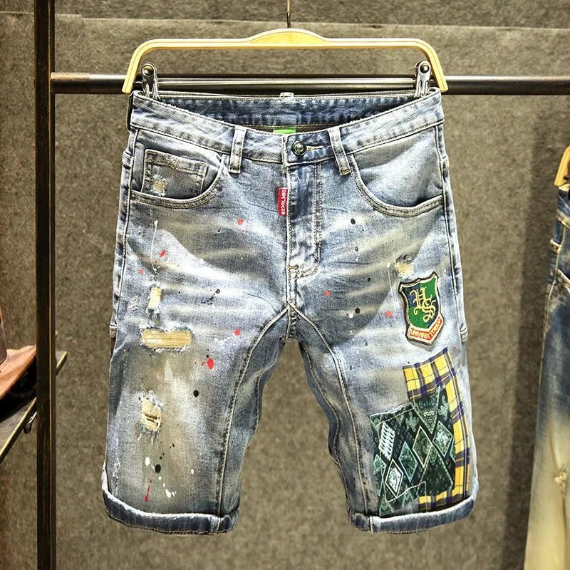 Summer Fashion Trend Printed Ripped Denim Shorts Mens Loose Sports Elastic Fashion Large Size High Quality Pants 260422BJ