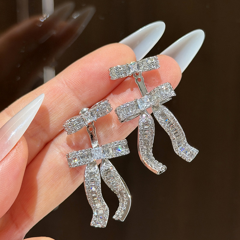 Korean-style sweet bowknot with full diamond embellishments, luxurious and elegant, unique design, extremely attractive earrings-image-1103368945