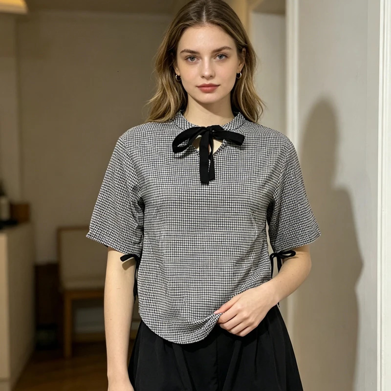 Sweet Plus Size Blouses Casual Womens Loose Top 2026 Summer Korean Style Blouse Half Sleeve VNeck with Black Bow Tie 260423banjia