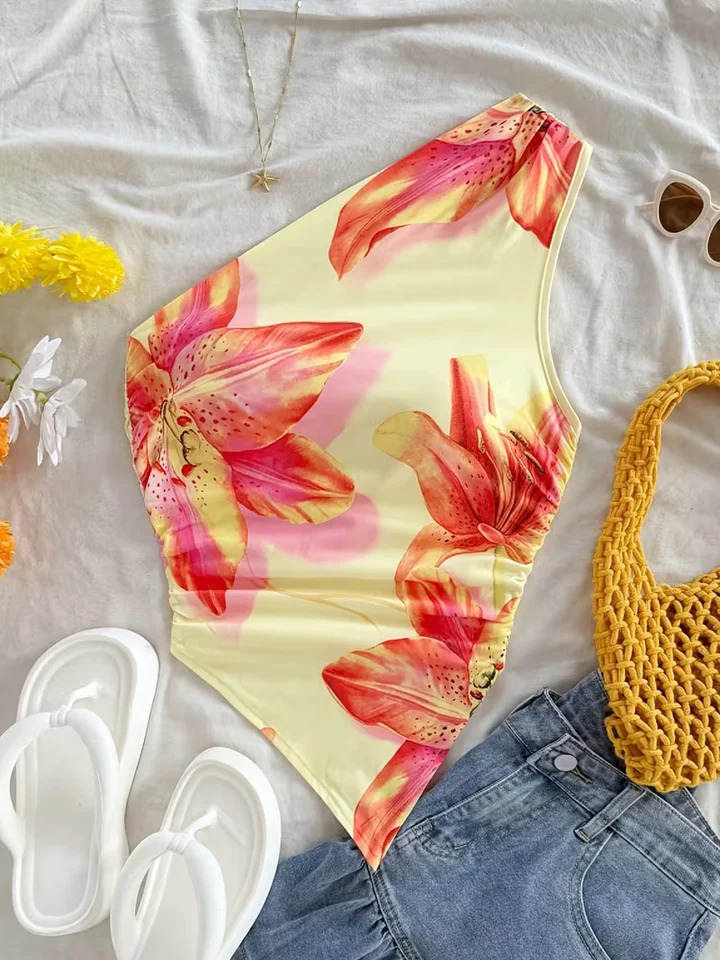 Short top womens red printed one shoulder asymmetrical sleeveless ruffled hem summer fashion 260423banjia