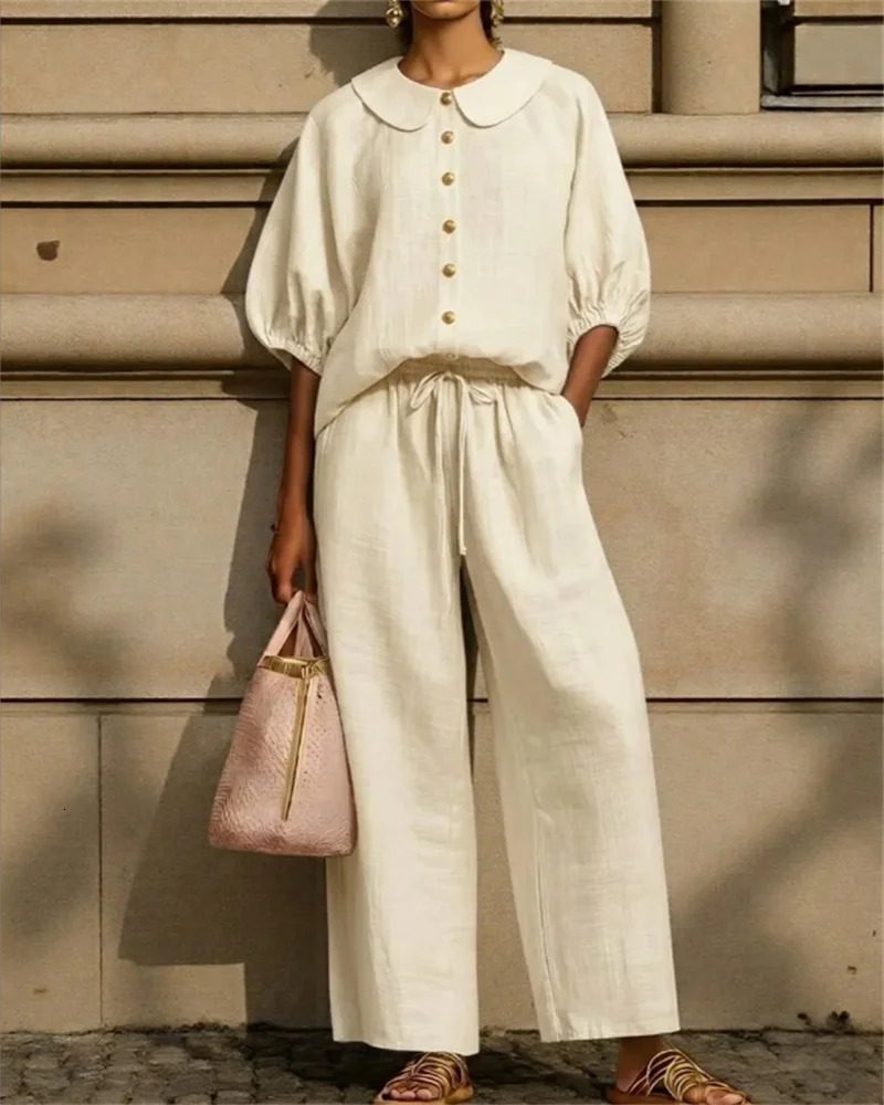 2026 Summer Crossborder Womens Fashion Cotton Linen Lantern Sleeve Shirt Midwaist Drawstring Pants Set 260423banjia