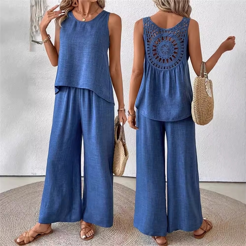 Solid Color Casual Loose Pants Sets For Women 2025 Elegant Summer Womens Two Pieces Suit Full Trouser Set Female Outfit Clothes y260423banjia