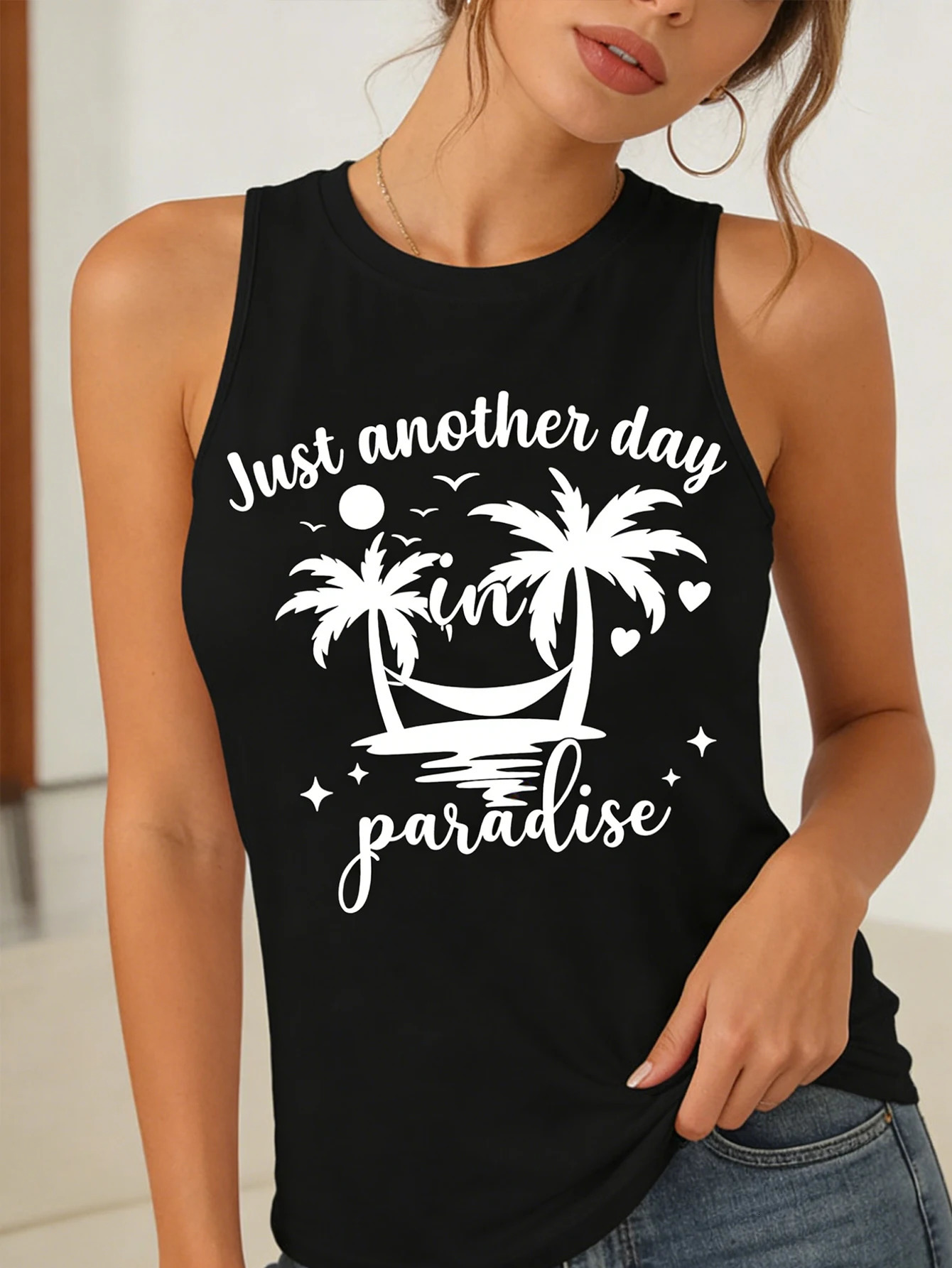 Womens island print fashionable casual tank top sleeveless sports wear versatile and comfortable 260423banjia