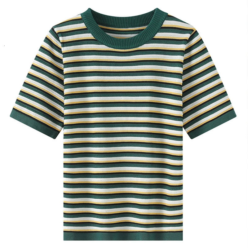 Summer Womens Short Sleeve Ice Silk Knitted Striped T-Shirt Korean Fashionable Top for Women 260423BJ