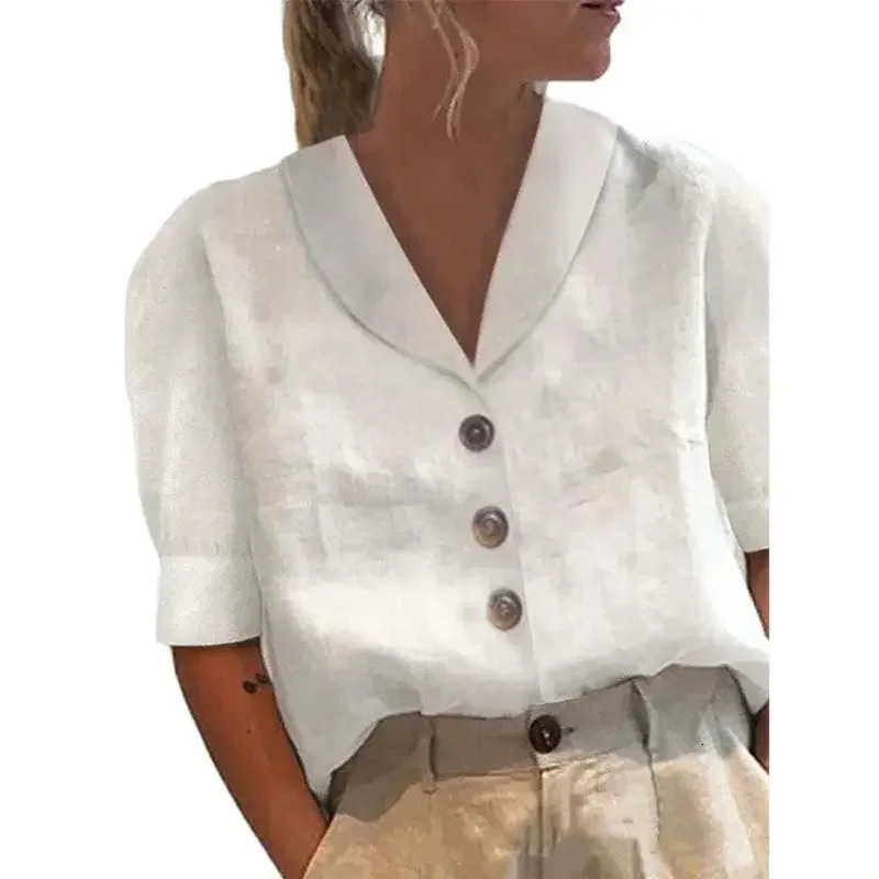 Solid Color Cotton Linen Shirt Women Summer Comfortable Casual Puff Half Sleeve Blouse Female Singlebreasted Cardigan Tops 2024 260423BANJIA