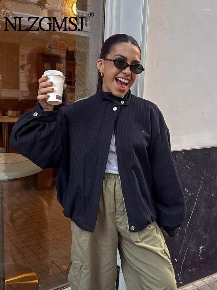 Women's Jackets Nlzgmsj 2026 Streetwear Chic Stripe Women Long Sleeve Stand Collar Button Coats Fashion Casual Outwears Y2K