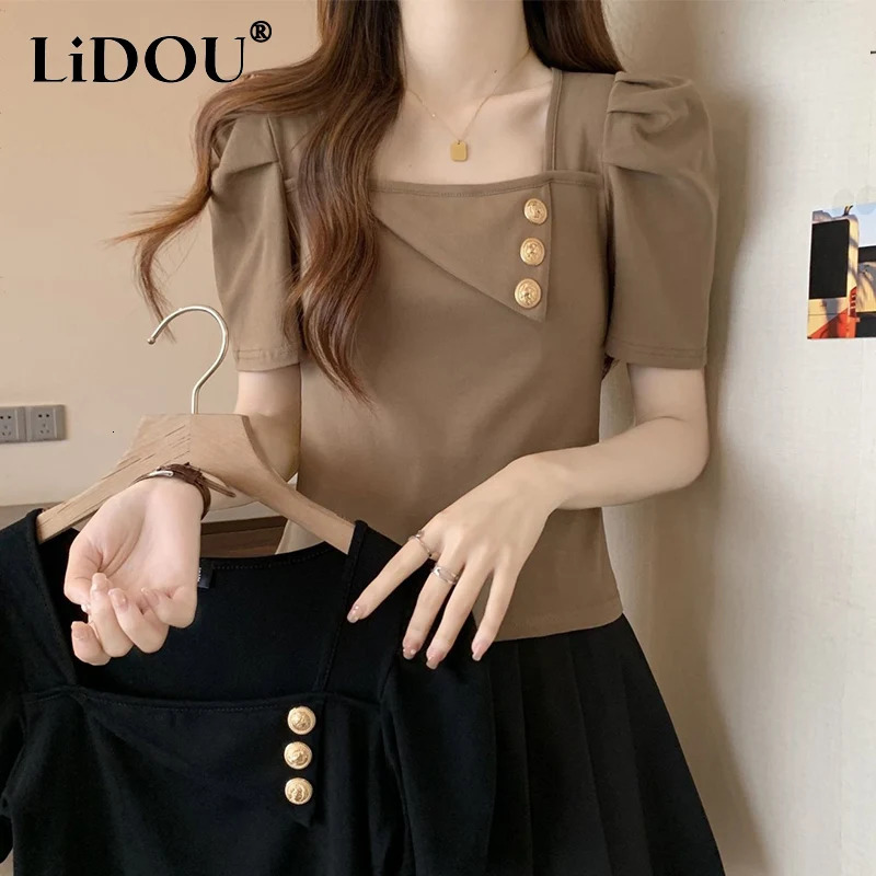 Summer Casual Fashion Chic Buttons Oversized Ladies Puff Short Sleeve Loose All-match Solid Color Top Women Vintage Pullover Tee 260423BJ
