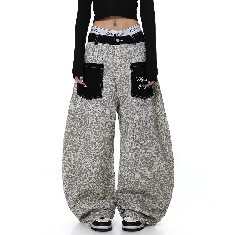 American n 2026 Spring Summer Leopard Print Denim Pants Women Loose Sexy Slimming Knife Floor-Length Casual Trousers 260423BJ