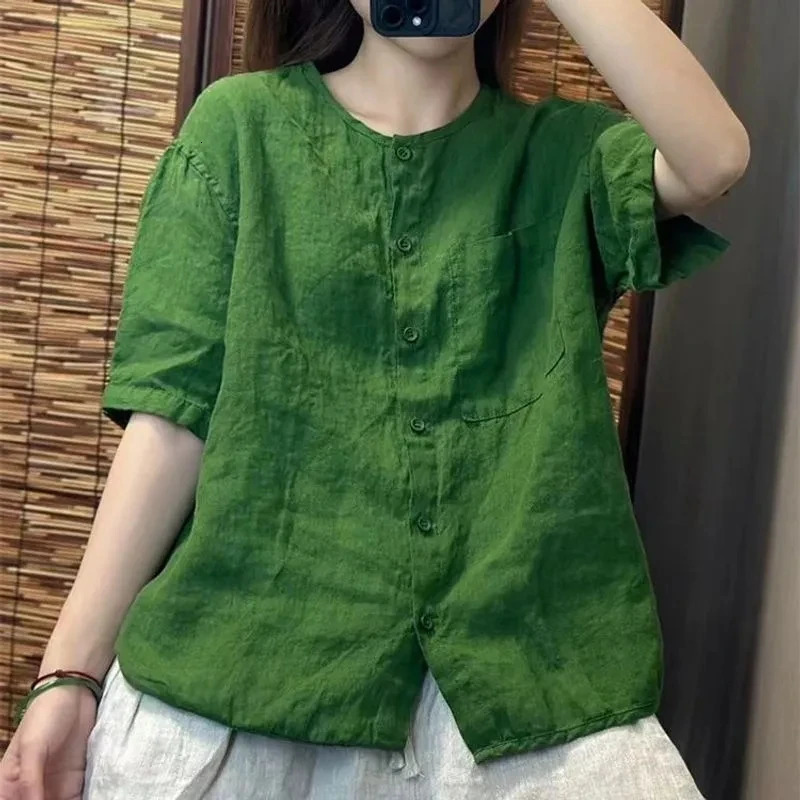 Womens Shirt 2025 Spring Summer Cotton and Linen Round Neck Retro Ladies Blouse Solid Age Reduction Lady Cardigan Tshirt 260423BANJIA
