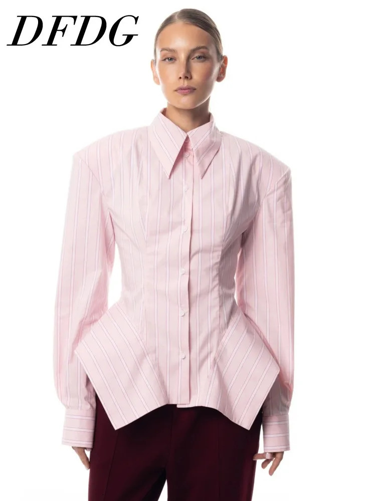 DFDG Womens Spring Summer Lapel Striped Fitted Asymmetrical Hem Shirt Casual Office Date 2026 Trendy Feminine Fashion Shirt 260423BANJIA