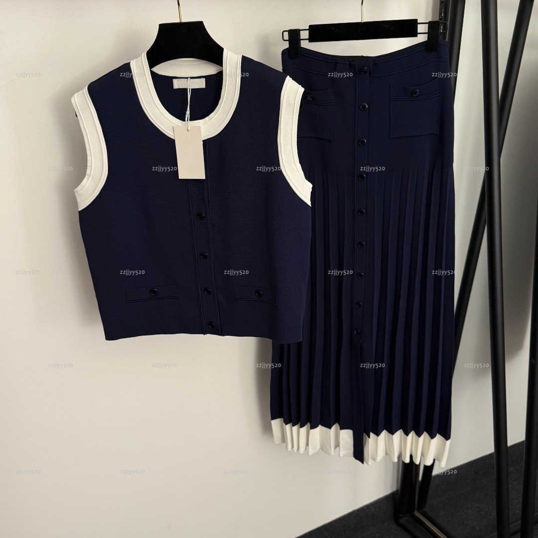 Brand vest women dress set Summer lady dresses women designer clothes sleeveless cardigan+single breasted high waisted knitted pleated skirt A131-image-1103570817