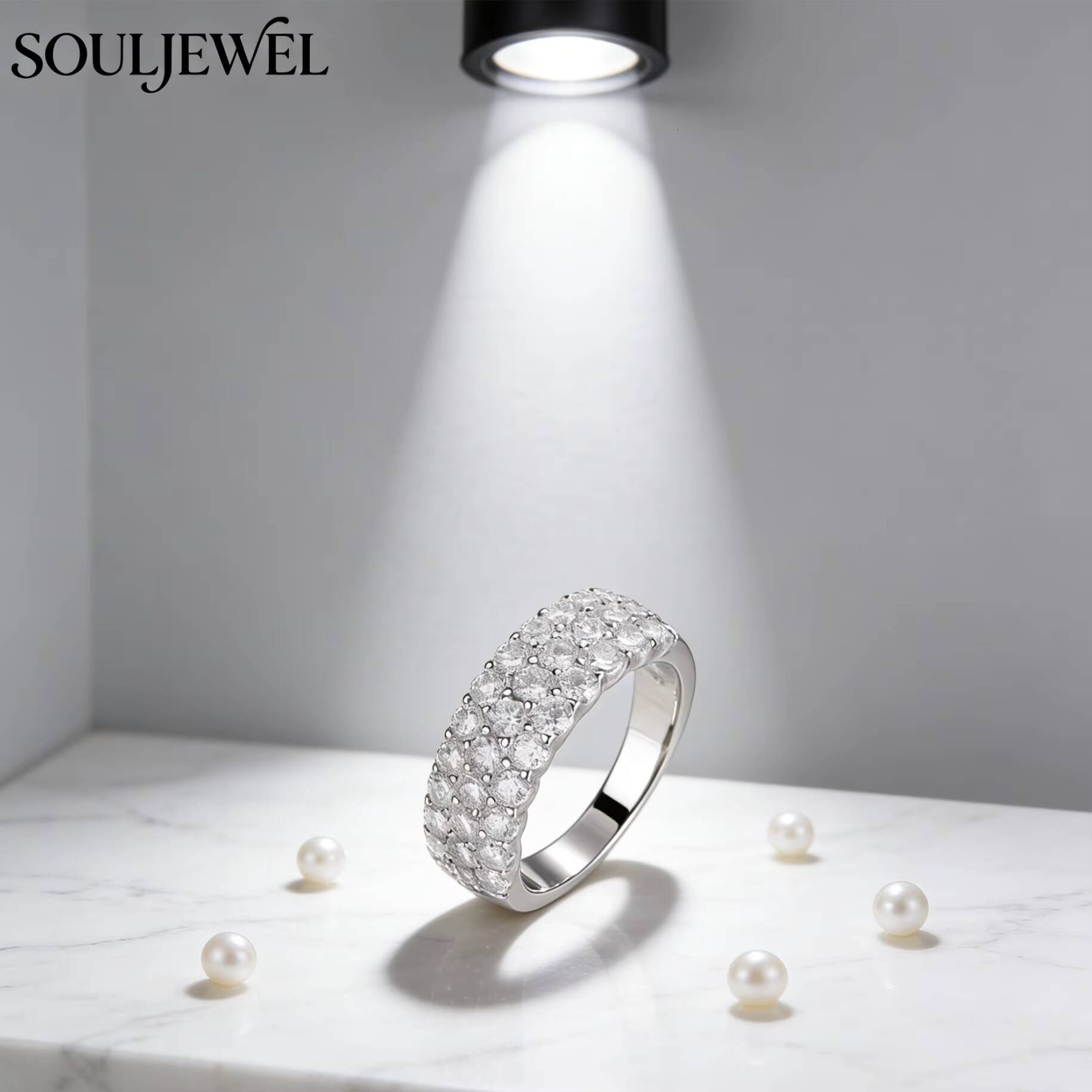 Souljewel Three Layered Moissanite Ring Rhodium Plated S925 Silver Multi Row Pave Band D Color VVS Luxury Eternity Engagement