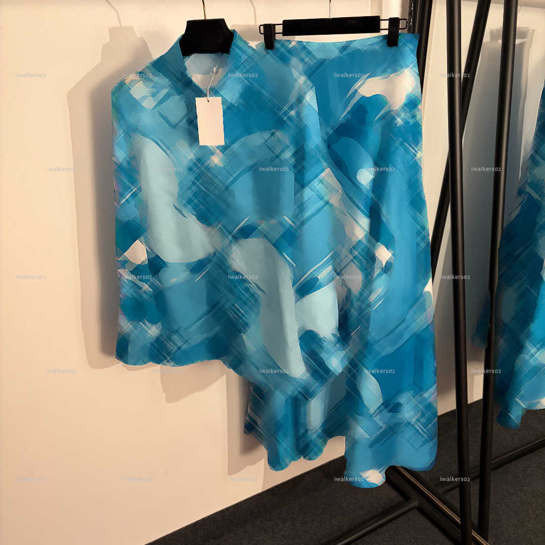 Classics lapel women vest Summer lady dresses women designer clothes Irregular color blocked printed long sleeved shirt+high waisted skirt A1699X-image-1103567991