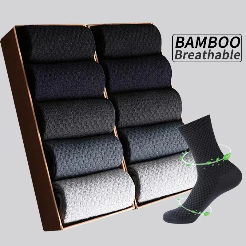 5 Pairs Men Bamboo Fiber Crew Casual Socks Man High Quality Spring Summer Autumn Business Breathable Black Male Dress Long Socks 260424BJ