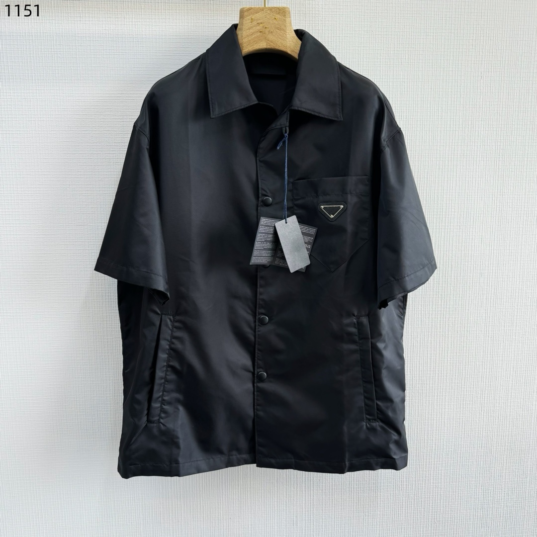 2026SS mens t shirts designer Men Black Nylon Short Sleeve Shirt Casual Oversized Button Up Streetwear Re Nylon Blouse