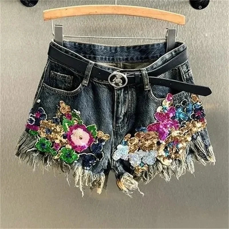 Female Sequin Floral Print Denim Shorts Streetwear Womens Vintage High Waist Wide Leg Short Jeans Female Summer Shorts 260424BJ