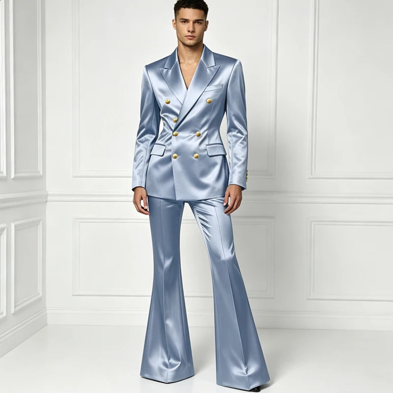Mens Satin Suit Set 2 Piece Notch Lapel Double Breasted Gold Button Blazer Flare Pants Formal Wedding Prom Party Groom Outfit 260424