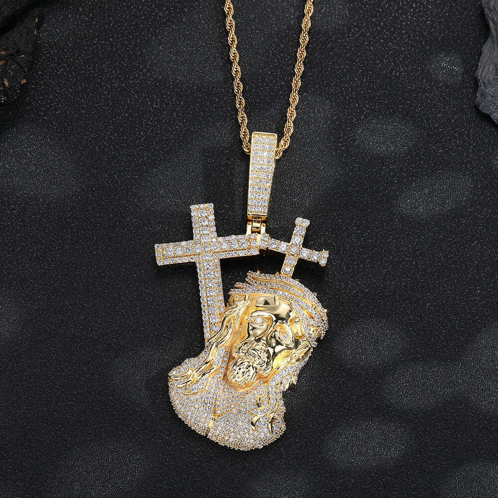 Cross pendant human face design, trendy for men women, European and American retro style, micro-inlaid with zirconium, hip-hop cross necklace