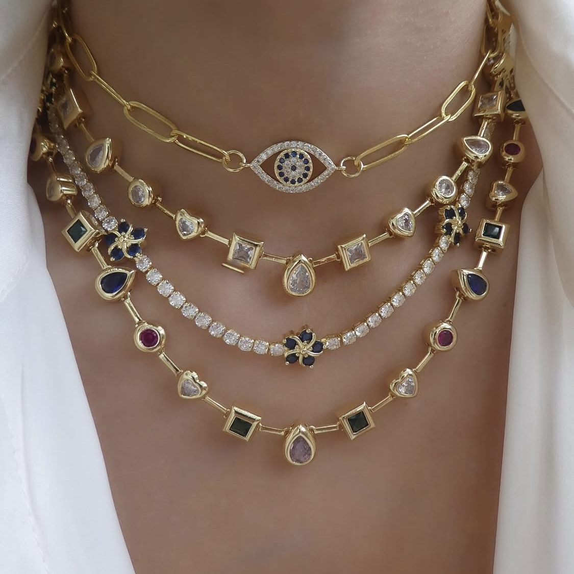 2026 Choucong Luxury 18kGold Fill Multi-Color CZ Dopamine Choker Necklace Bezel-Set Rainbow Teardrop & Square Crystal Chain for Women For Daily Wear