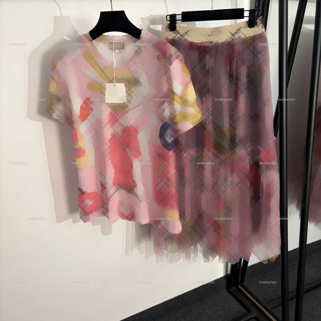 Classics round neck women top Summer lady dresses women designer clothes printed mesh short sleeved T-shirt+woven waistband half skirt A793X16N09-image-1103568331