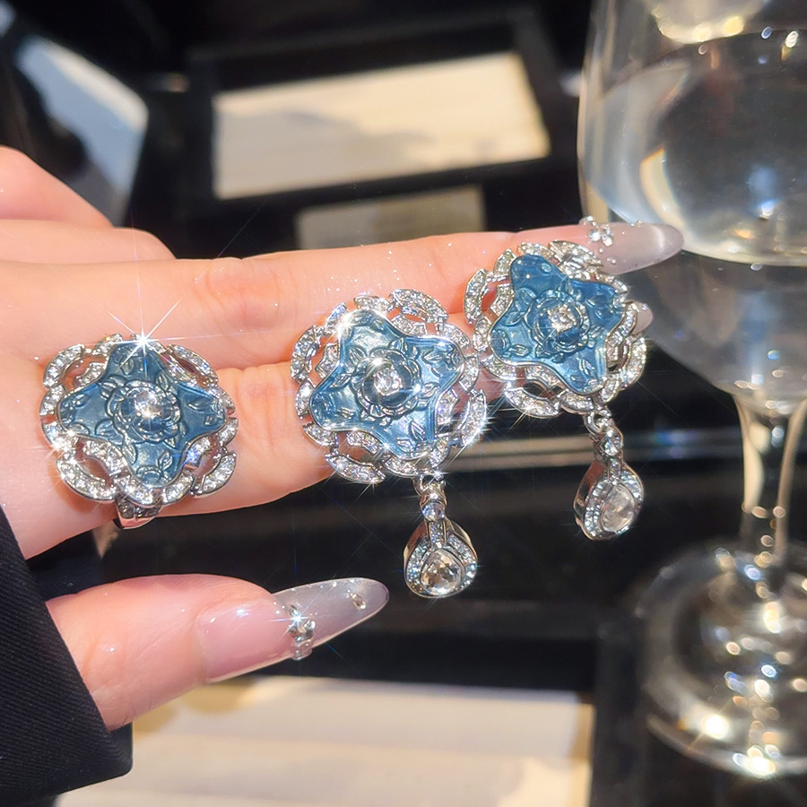 Diamond-studded Enamel Round Teardrop Earrings and Ring Set French Vintage Light Luxury High-end Jewelry-image-1103544936